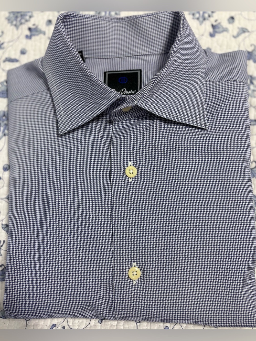 david donahue mens dress shirt 15.5 34/35 Blue White Micro Check Spread Collar